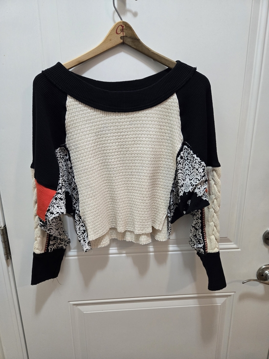 Free People Sweaters - Free People Off-Shoulder Mixed Knit Sweater in Black, Cream & Red Accent